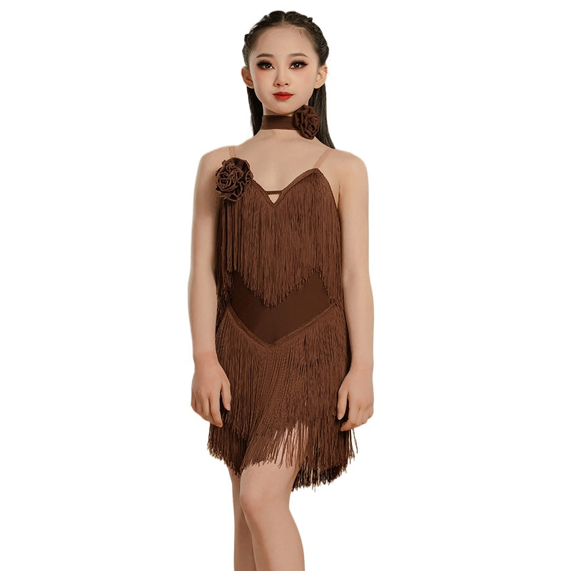 Navy Fringe Latin Dance Dresses for Girls Kids Coffee White Salsa Rumba Chacha Ballroom Performance Costumes - Moderndancedress.com