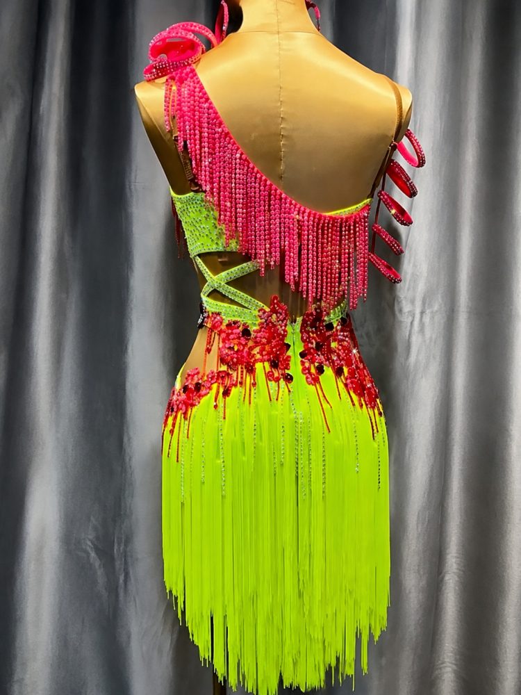 Custom Neon Yellow & Pink Rhinestone Latin Dance Dress with Fringe