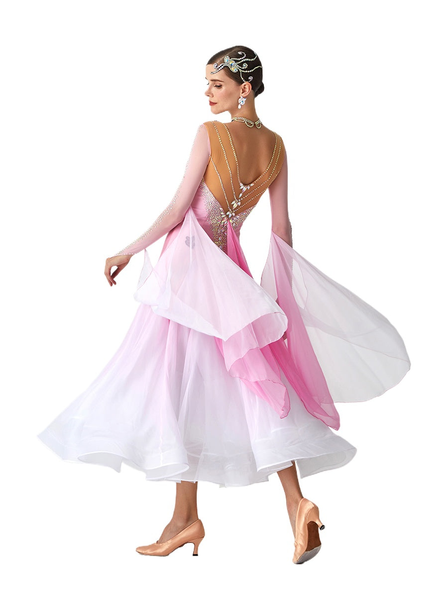 Custom Size Pink Competition Ballroom Dance Dresses for Girls Women Rhythm Waltz Tango Foxtrot National Dance Gown Big Skirts - Moderndancedress.com