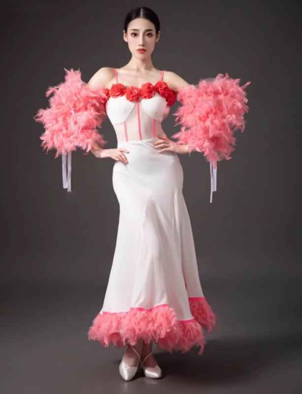 Pink Burgundy Feather Ballroom Dance Dresses for Women Girls Navy Waltz Tango Foxtrot Smooth Dance Art Test Dress Standard Performance Gown - Moderndancedress.com