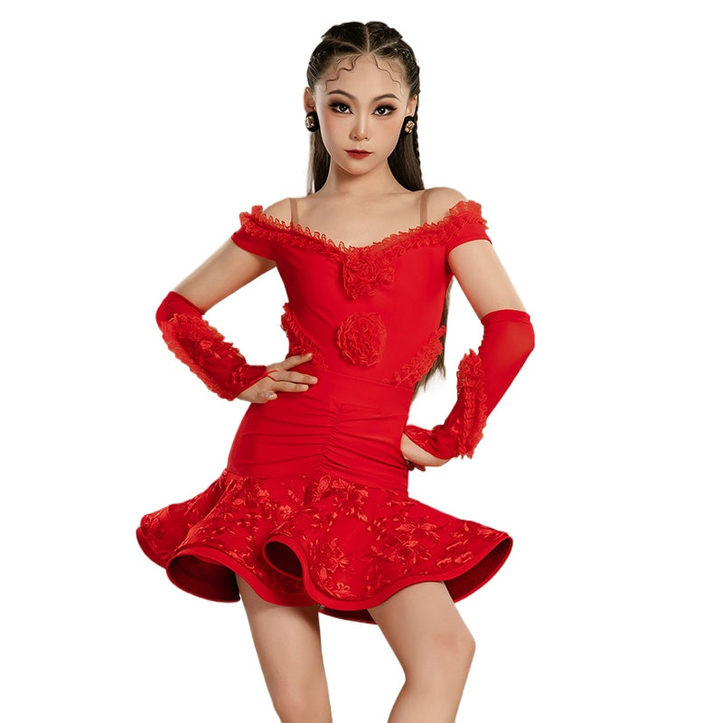 Girls Latin Dance Dresses Red Rose Lace Dew Shoulder Salsa Rumba Chacha Performance Costumes for Kids