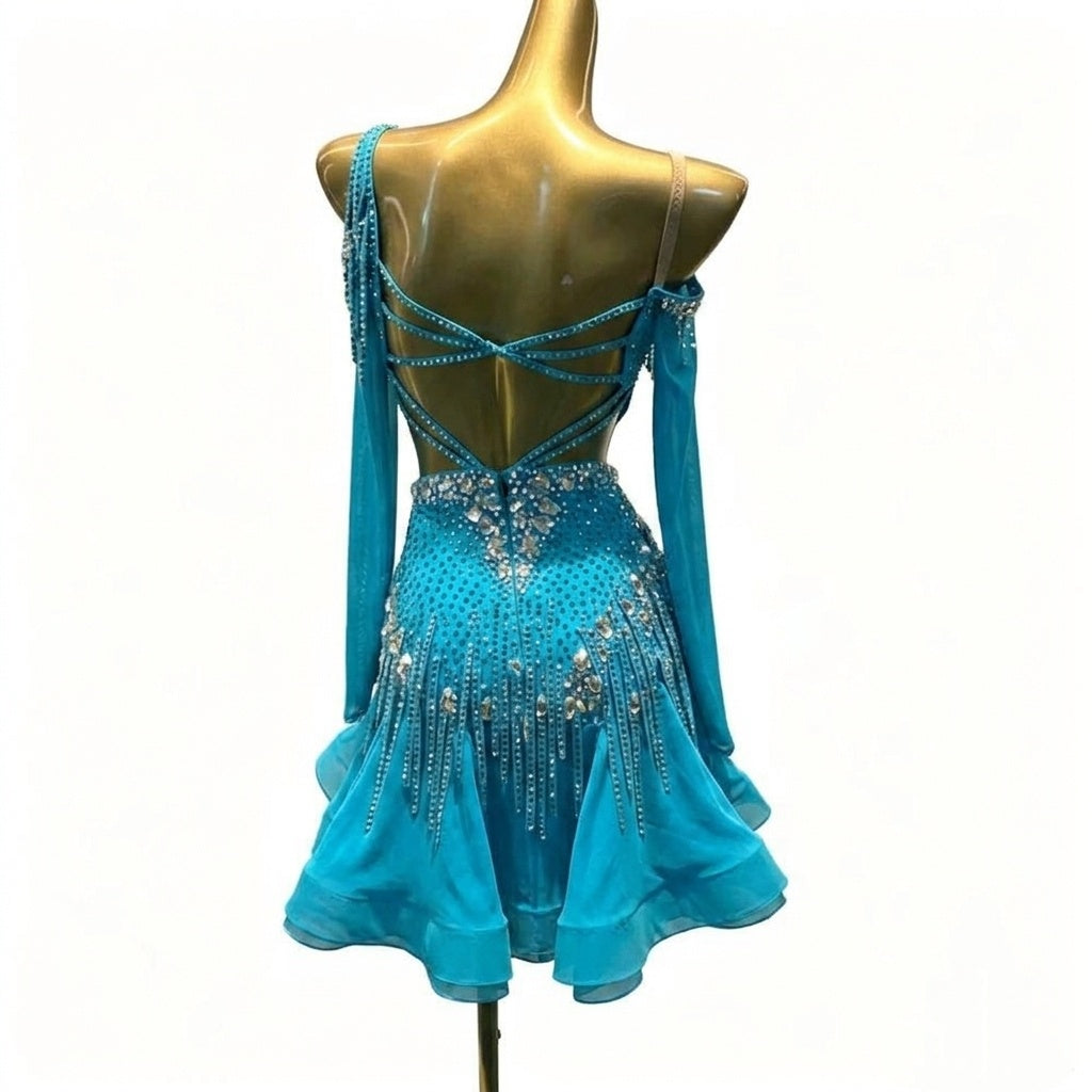 Custom Size Turquoise Fuchsia Latin Dance Dress Bling Tassel Slant Neck Blackpool Competition Costume