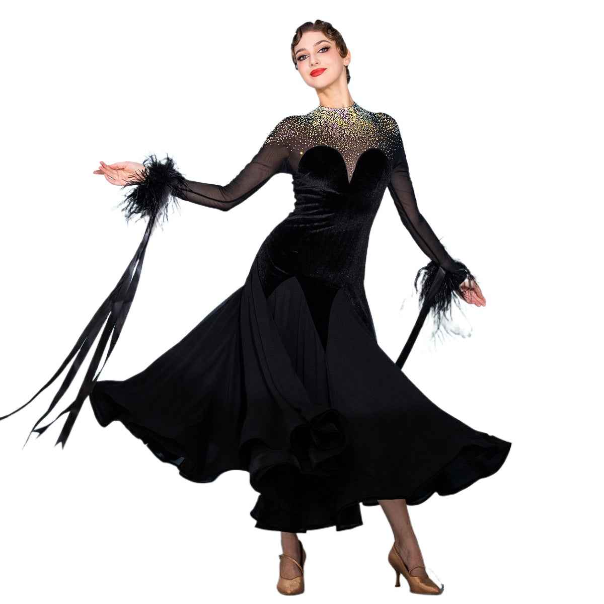 Competition Black Velvet Ballroom Dance Dresses for Women Girls Feather Bling Waltz Tango Modern Dance Skirt