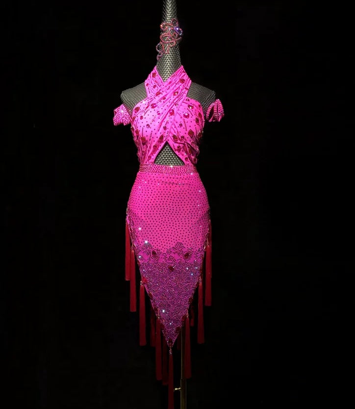 Custom Hot Pink Latin Dance Dress with Rhinestones & Fringe Blue Ballroom Competition Outfit