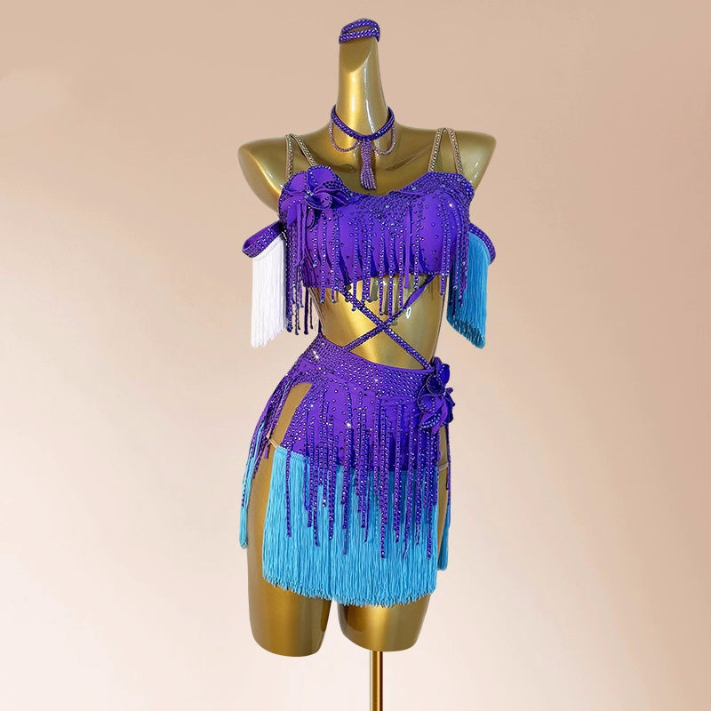 Custom Size Latin Dance Dresses Purple Blue Women Girls Competition Salsa Ballroom Solo Latin Dance Competition Costumes
