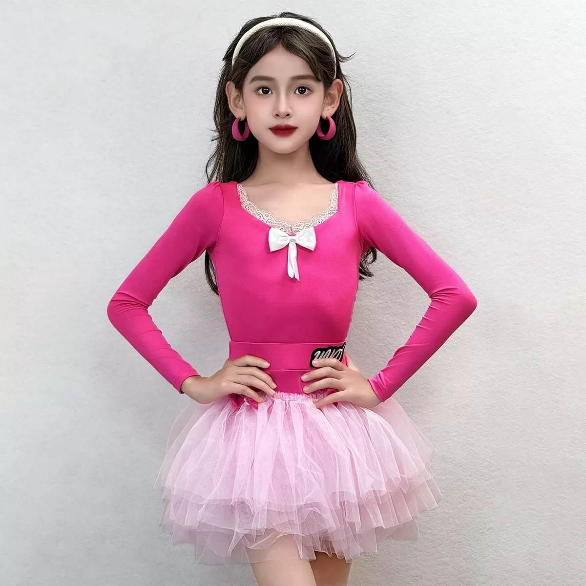 Girls Pink Latin Dance Dress | Hot Pink Salsa Chacha Dance Leotard Set