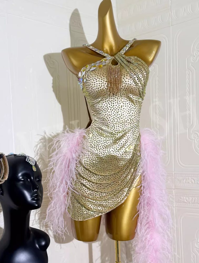 Custom Size Gold Competition Latin Dance Dresses with Pink Feather Salsa Rumba Blackpool Dancing Costumes