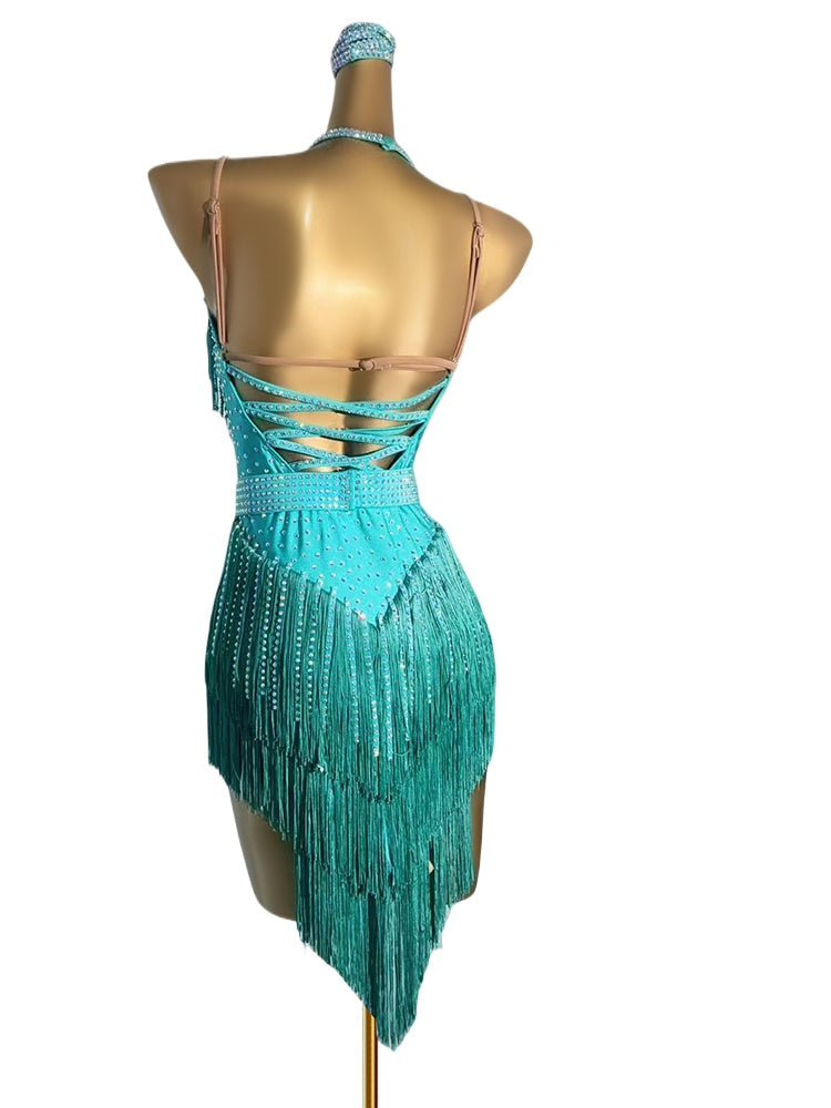 Custom Size Blue Latin Dance Dresses for Women Girls Fringe Bling Salsa Rumba Chacha Latin Dance Costumes