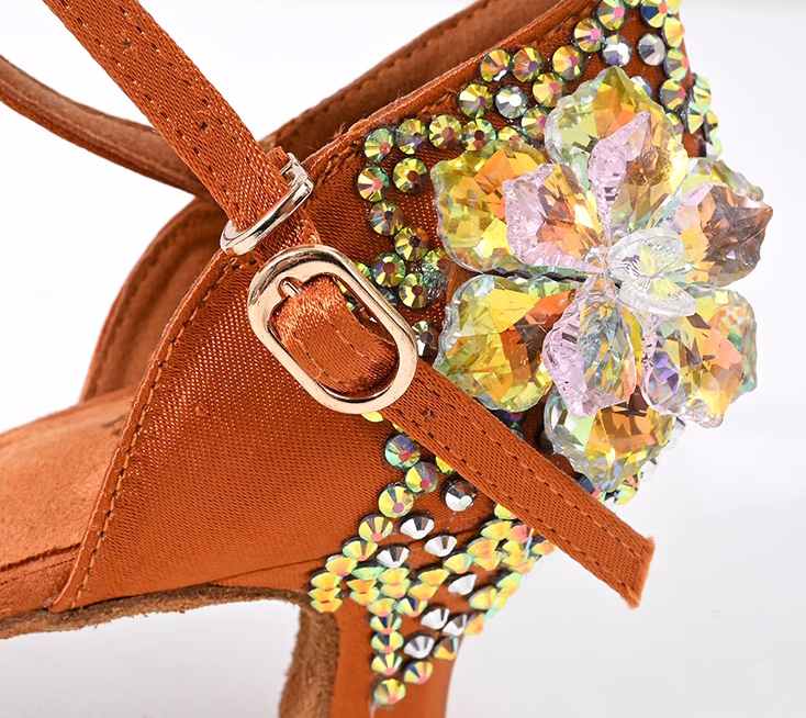 Rhinestones Flower Sparkling Latin Dance Shoes Adult Ladies Soft Sole Indoor High Heel Competition Professional Ballroom Waltz Tango Salsa Chacha  Dance Sandals - Moderndancedress.com