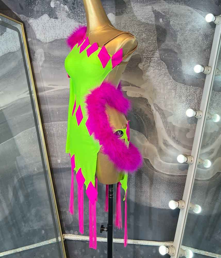 Custom Size Hot Pink Green Patchwork Latin Dance Dress Asymmetric Cutout Salsa Cha Cha Competition Costume