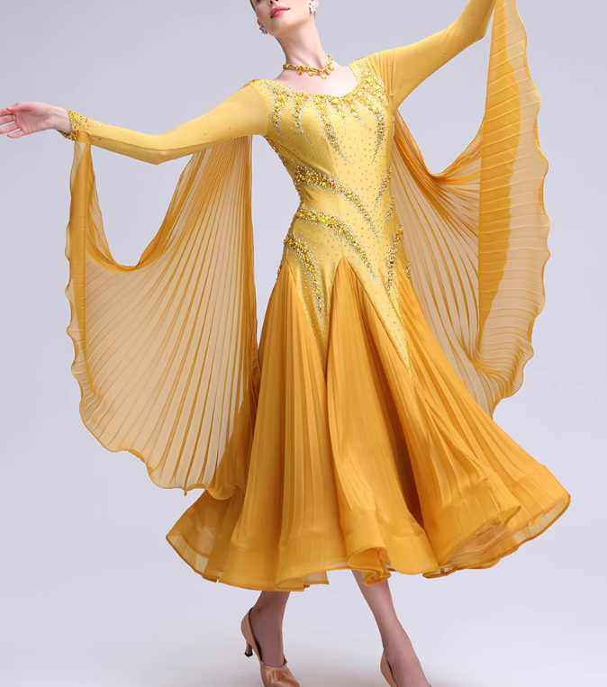 Custom Size Gold Competition Ballroom Dance Dresses for Women Girls Rhinestones Waltz Tango Flowy Dance Long Gown