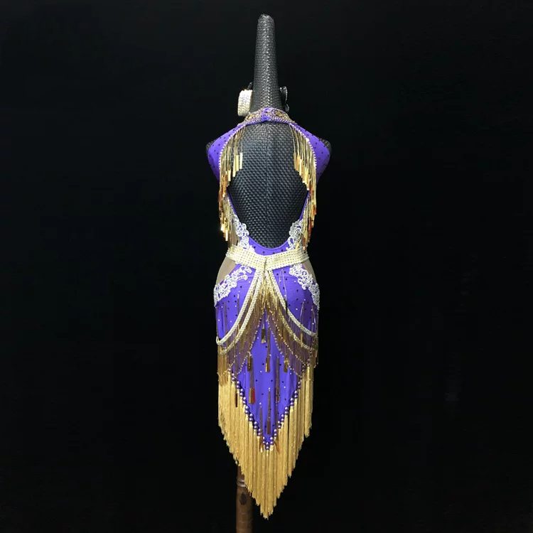 Lavender & Gold Halter Latin Dance Dress - Luxury Rhinestone Fringe Competition Wear
