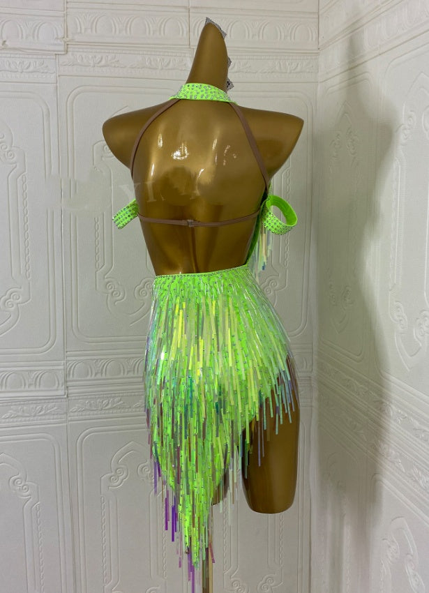 Custom Size Competition Neon Green Latin Dance Dresses for Women Girls Bling Fringe Salsa Rumba Chacha Ballroom Latin Dance Wear