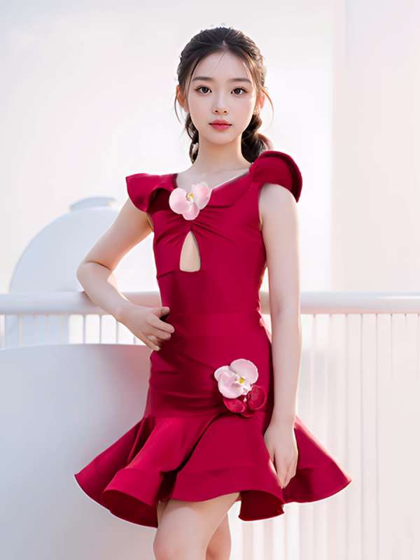 Red with Flowers Latin Dance Dresses for Girls Kids Ballroom Salsa Chacha Latin Performance Clothes Latin Dance Skirts - Moderndancedress.com
