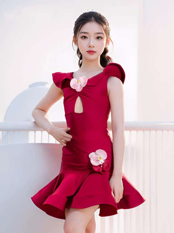 Red with Flowers Latin Dance Dresses for Girls Kids Ballroom Salsa Chacha Latin Performance Clothes Latin Dance Skirts - Moderndancedress.com
