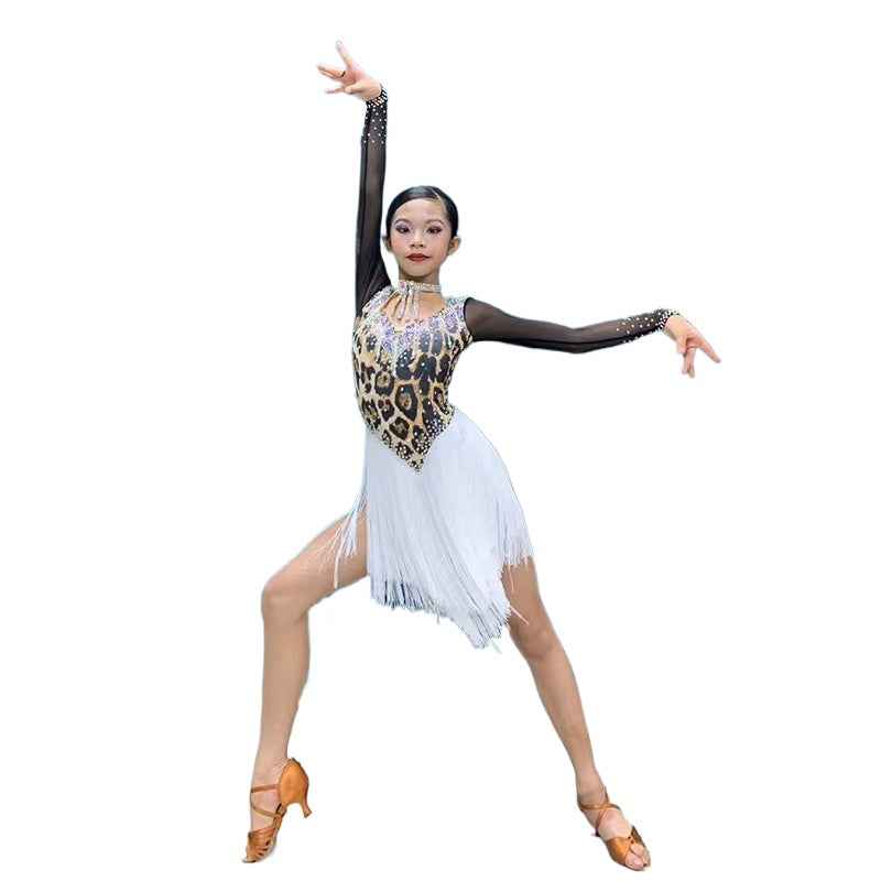 Custom Size Leopard Competition Latin Dance Dresses for Women Girls Salsa Rumba Chacha Performance Outfits