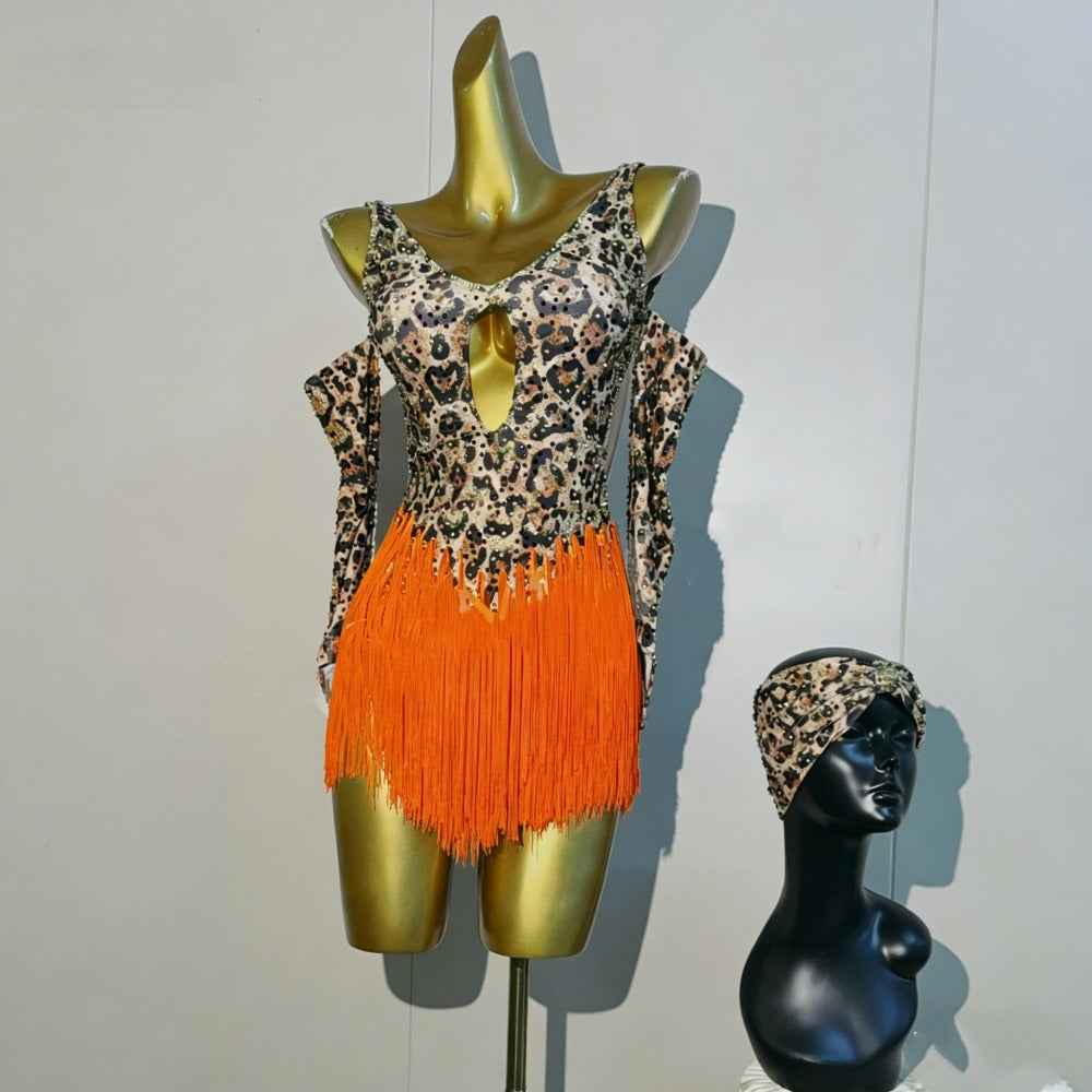 Custom Size Leopard Print Latin Dance Dress Salsa Black Pool Competition Costumes