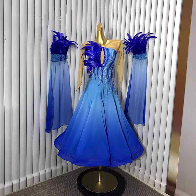 Custom Size Blue Gradient Ballroom Dance Dress for Women Feather Waltz Tango Competition Gown