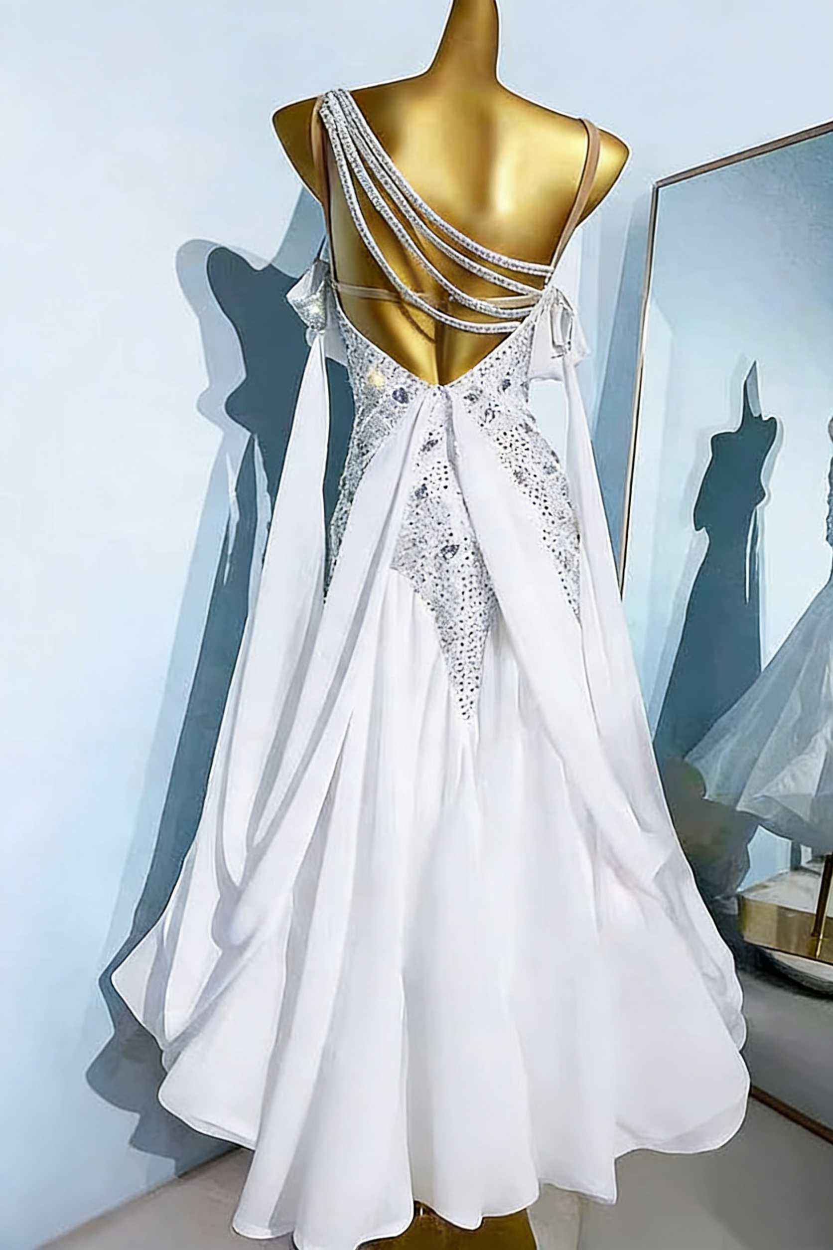 Custom Size White Ballroom Dance Dresses Crystal Competition Waltz Tango Gown