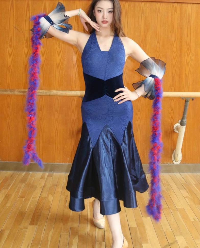 Navy Red Lace Feather Ballroom Dance Dresses for Women Girls Waltz Tango Modern Dance Costumes with Float Sleeves - Moderndancedress.com