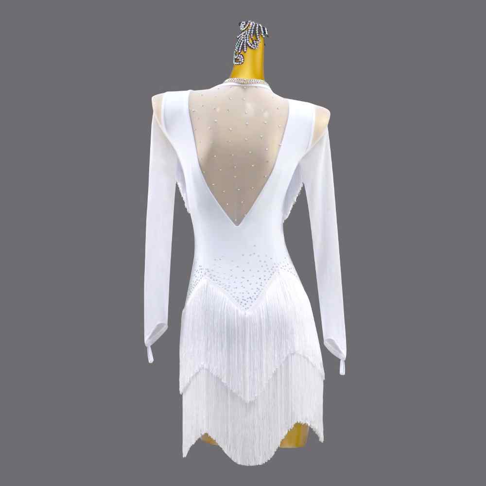 Women Girls Rhinestones Competition White Latin Dance Dress for Women Girls Competition Diamond Salsa Rumba Chacha Long Sleeves Performance Outfits - Moderndancedress.com