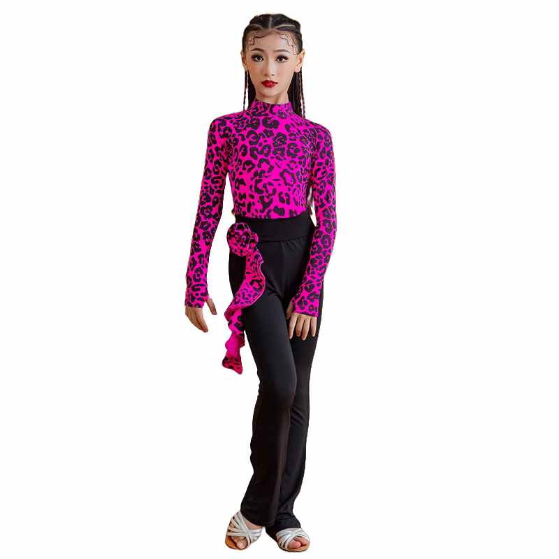 Fuchsia Leopard Print Latin Dance Costumes Kids Girls Salsa Ballroom Chacha Latin Dance Practice Dancing Shirt and Pants - Moderndancedress.com