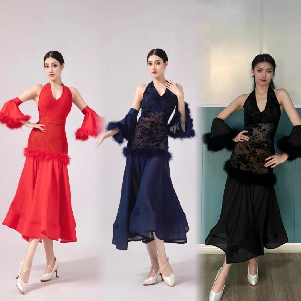 Women Ballroom Dance Dresses Black Red Navy Lace Halter Neck Waltz Tango Rhythm Competition Gown - Moderndancedress.com
