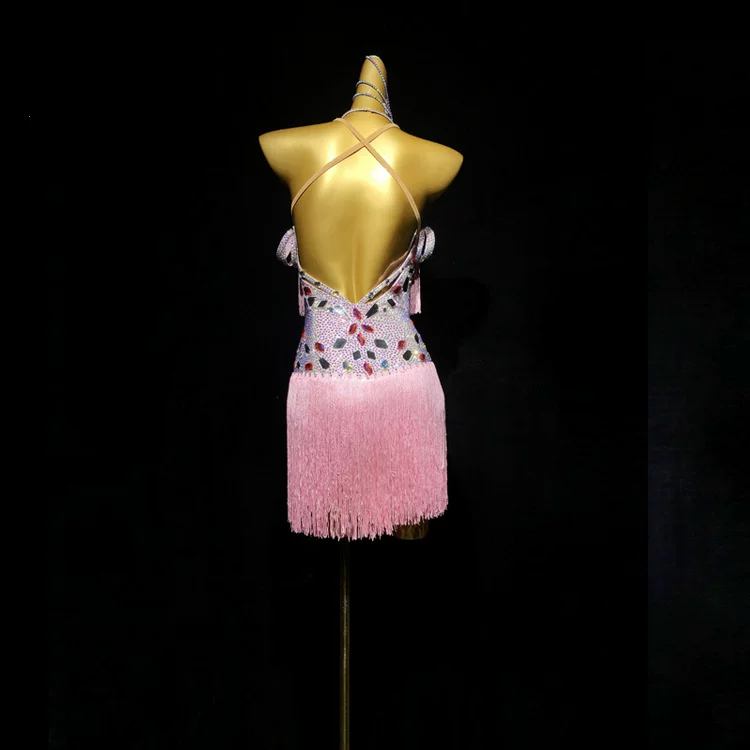 Custom Barbie Pink Latin Performance Dress - Multicolor Rhinestone Crop Top & Fringe Skirt