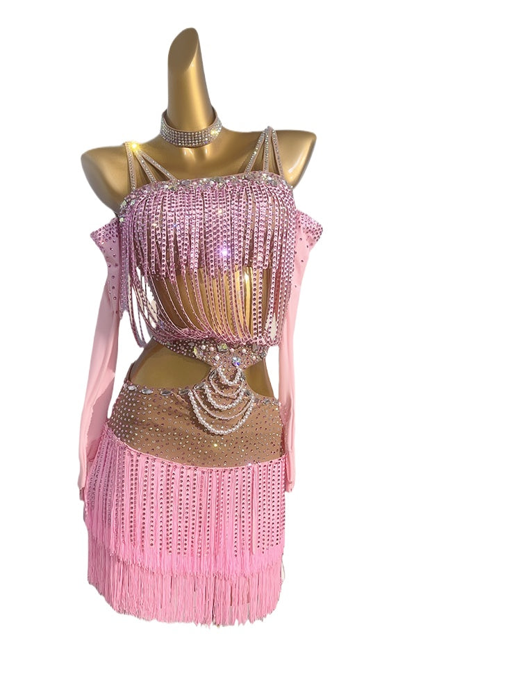 Custom Size Pink Blue Fringe Latin Dance Dresses for Women Girls Salsa Rumba Chacha  Competition Dance Wear - Moderndancedress.com