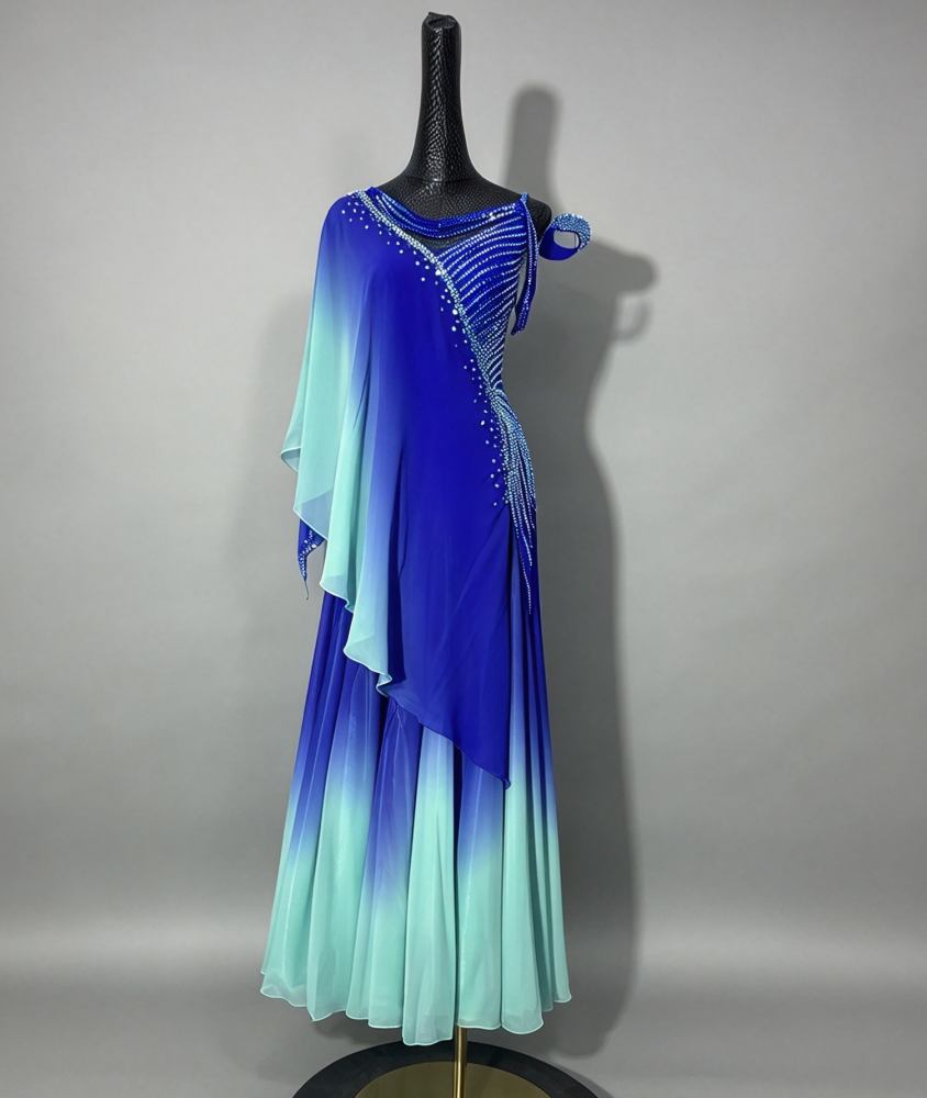 Custom Size American Smooth Dress Ombre Royal Blue To Mint Ballroom Competition Gown