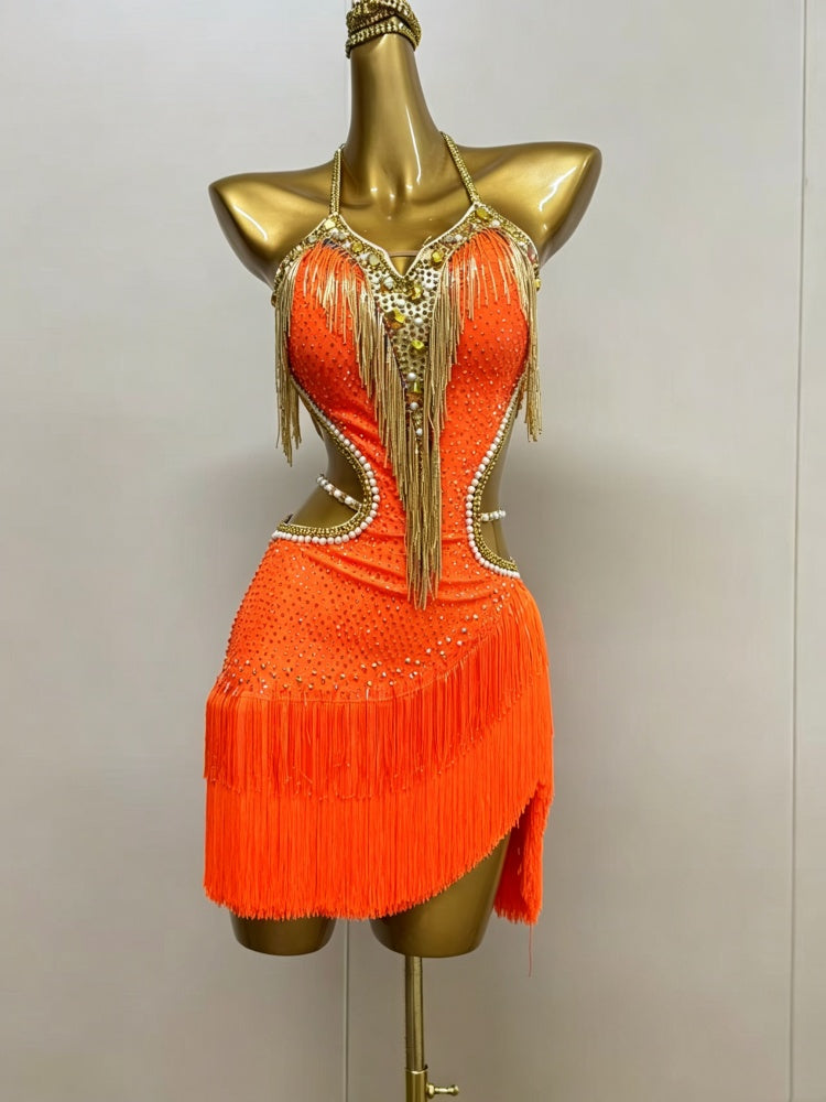Custom Blue Orange Latin Dance Dress with Gold Fringe & Crystals