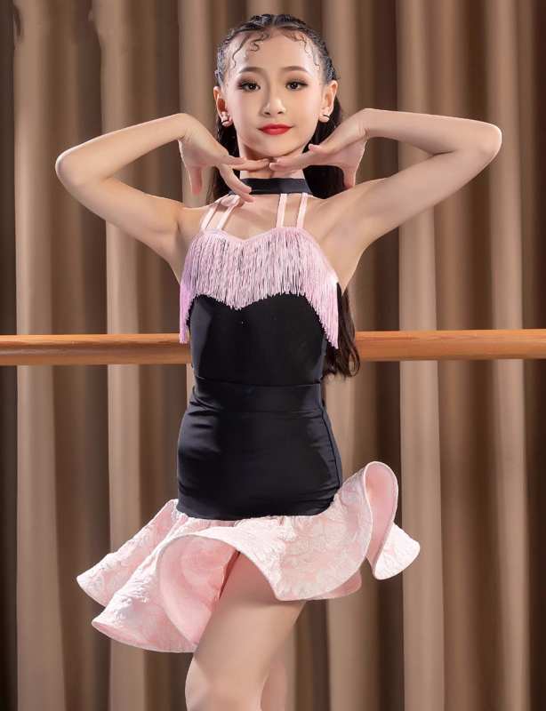 Girls light pink fringe latin dance dresses kids children girls  Latin dance costumes Girls practice performance irregular skirts for children - Moderndancedress.com