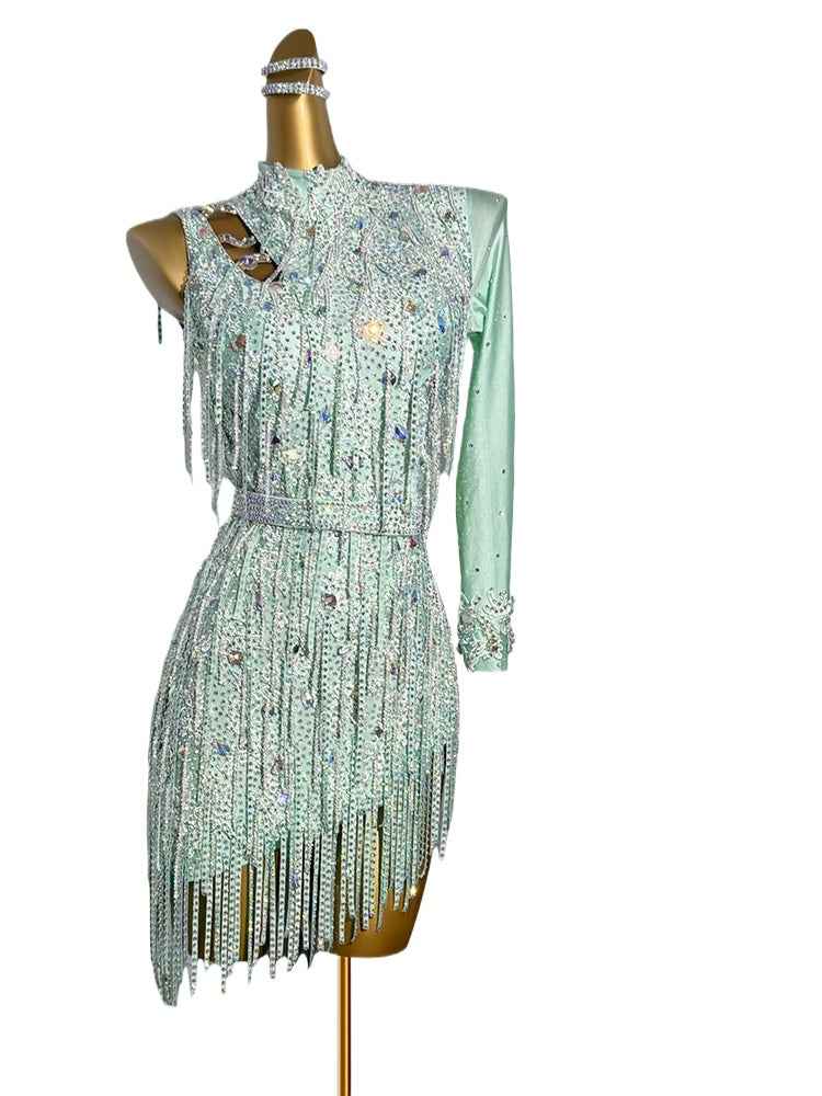 Custom Size Competition Latin Dance Dresses for Women Girls One Shoulder Salsa Rumba Chacha Dance Costumes