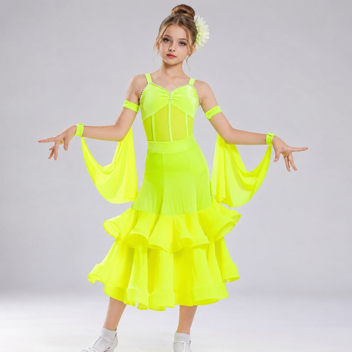 Neon Yellow Pink Ballroom Dance Dress for Girls | Kids Waltz Tango Performance Costume
