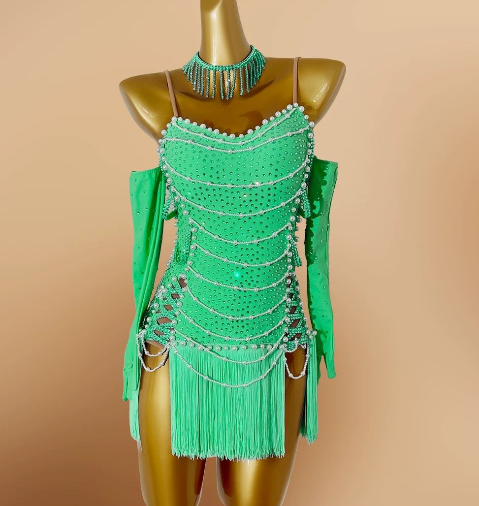 Custom Competition Green Latin Dance Dress with Fringe & Rhinestones Hot Pink Salsa Costume