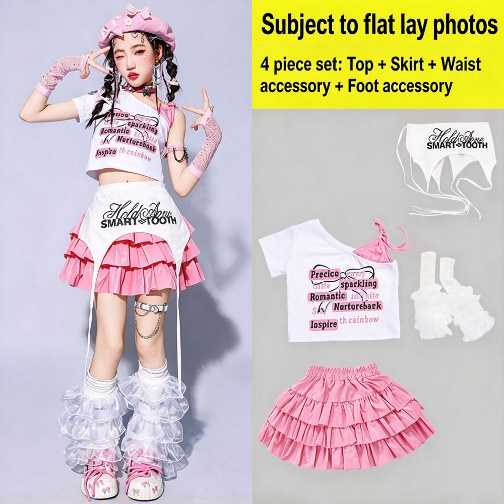 Girls Pink Jazz Dance Costumes K-Pop Dance Outfits - Tiered Mini Skirt Cargo Pants & Crop Top