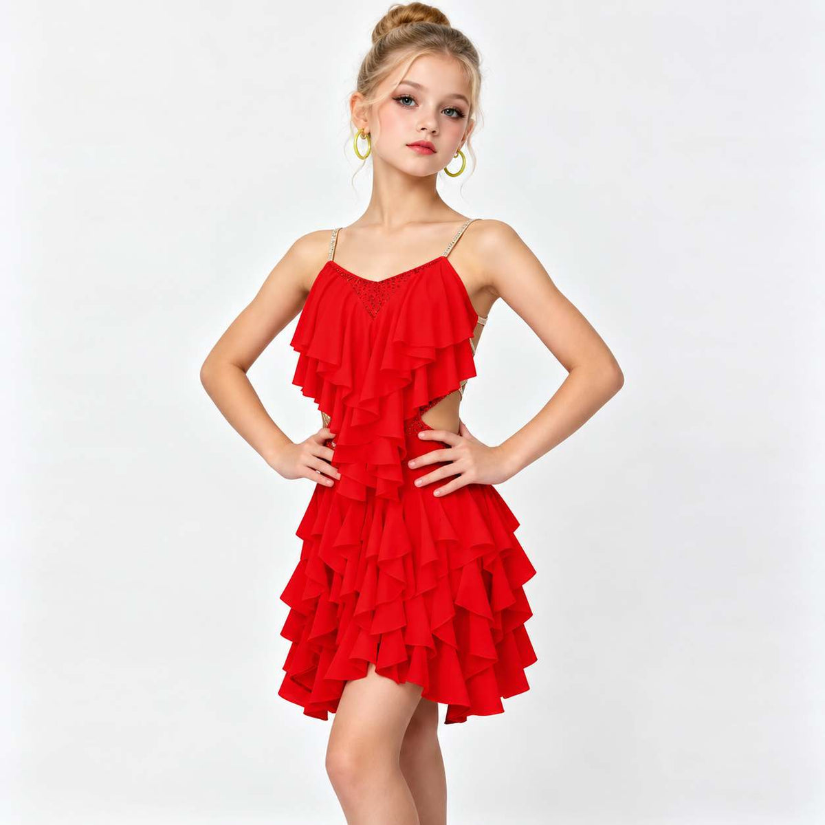 Girls Red Pink Ruffle Latin Dance Dress with Rhinestones Kids Salsa Chacha Stage Costume