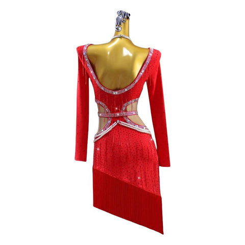 Red fringe competition Latin dance dresses for women girls salsa samba chacha gemstones bling performance costume - Moderndancedress.com