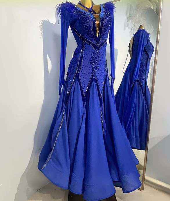 Custom Size Blue Dark Green Ballroom Dance Dresses for Women Girls Tango Foxtrot Waltz Performance Gown