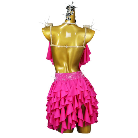 Hot Pink Ruffles Competition Latin Dance Dresses for Women Girls Salsa Rumba Chacha Performs Costume