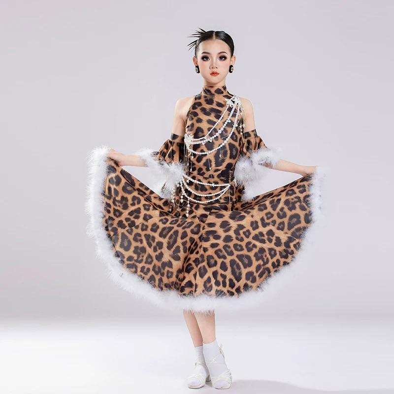 Girls Leopard with Feather Ballroom Dance Dress for Kids Children Waltz Tango Performance Gown