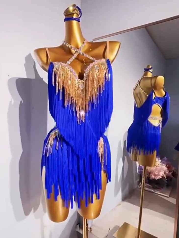 Custom Size Royal Blue Pink Competition Latin Dance Dresses for Women Girls Bling Fringe