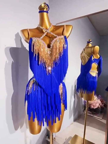 Custom Size Royal Blue Pink Competition Latin Dance Dresses for Women Girls Bling Fringe