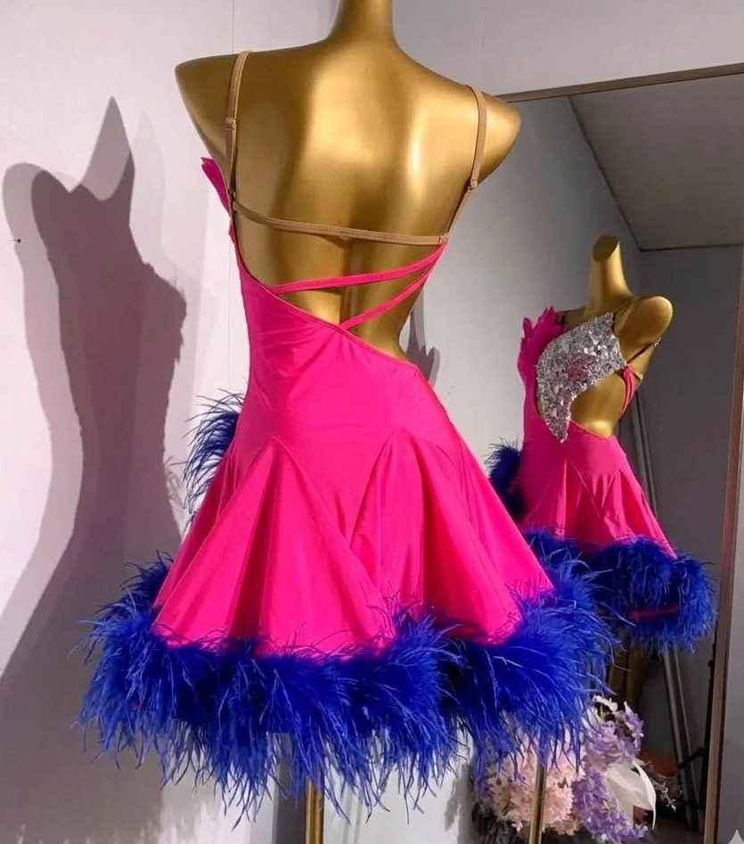 Custom Size Hot Pink Latin Dance Dress with Crystals & Feathers