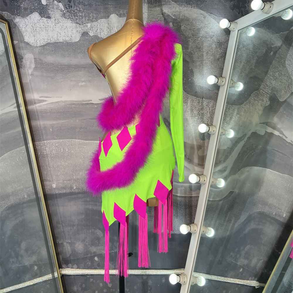 Custom Size Hot Pink Green Patchwork Latin Dance Dress Asymmetric Cutout Salsa Cha Cha Competition Costume