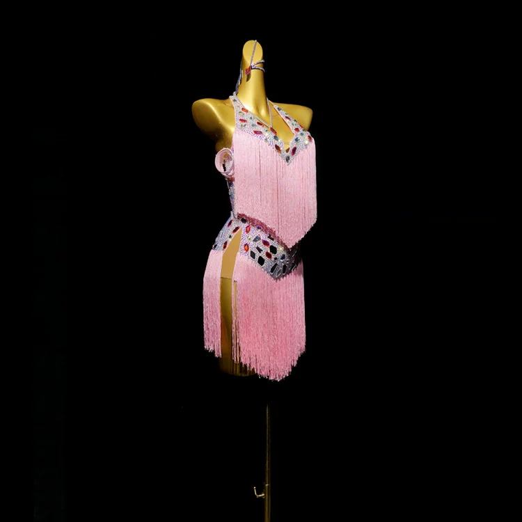 Custom Barbie Pink Latin Performance Dress - Multicolor Rhinestone Crop Top & Fringe Skirt
