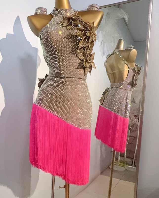 Custom Size Latin Dance Dresses for Women Girls Pink White Fringe Salsa Rumba Chacha  Performance Clothes - Moderndancedress.com