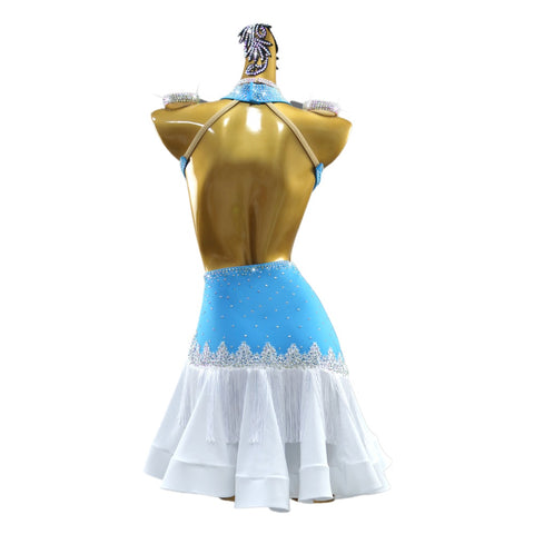 Blue White Fringe Latin Dance Dresses for Women Girls Salsa Rumba Chacha Flower Suit Blackpool Regulation Sexy Dance Costumes