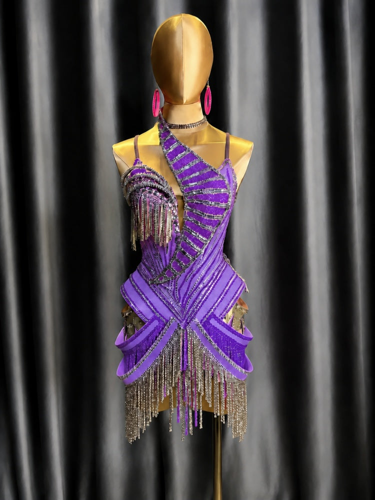 Custom Orange Latin Dance Dress for Competition | Gold Rhinestone Fringe Blackpool Costume