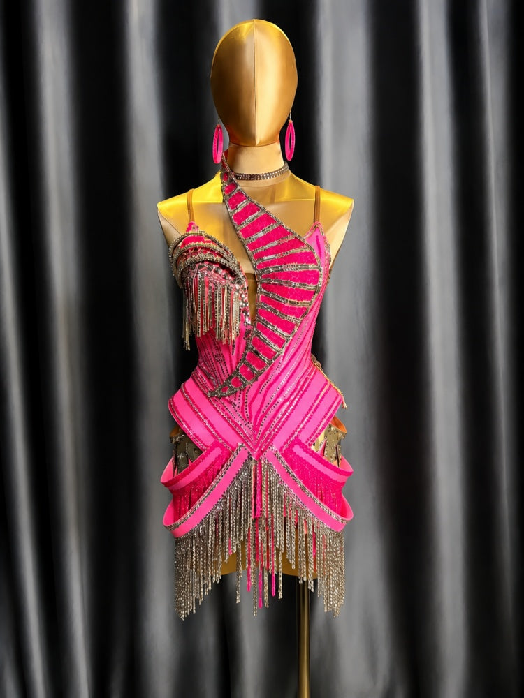 Custom Orange Latin Dance Dress for Competition | Gold Rhinestone Fringe Blackpool Costume